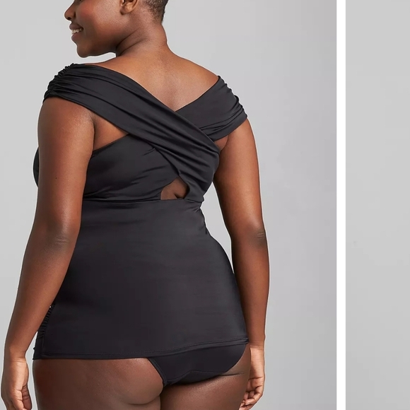 Cacique Swim Black Wrap Front Off Shoulder Tankini Top 26 - Picture 2 of 9